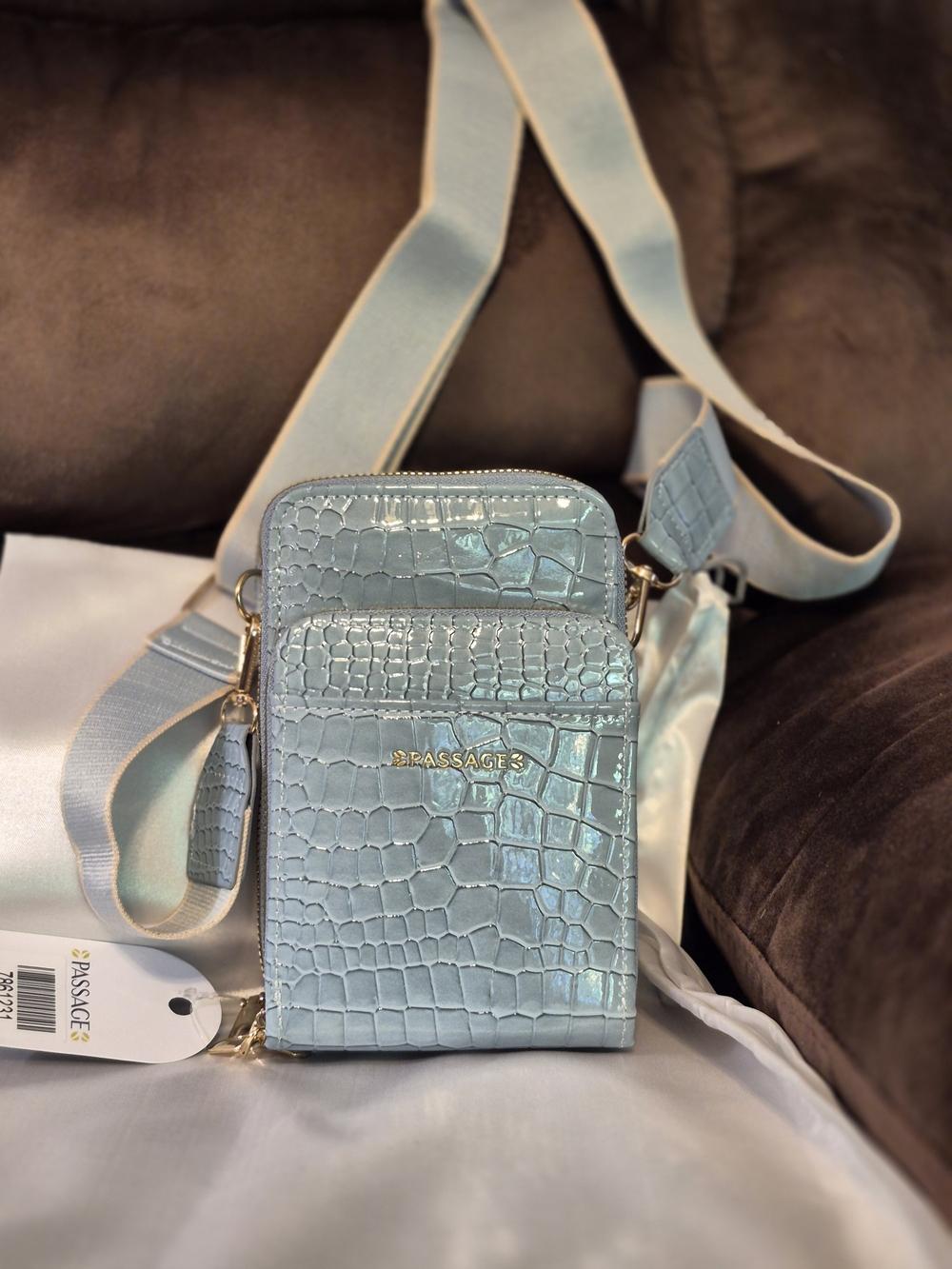 Passage Light Blue Croc-Embossed Mini Crossbody